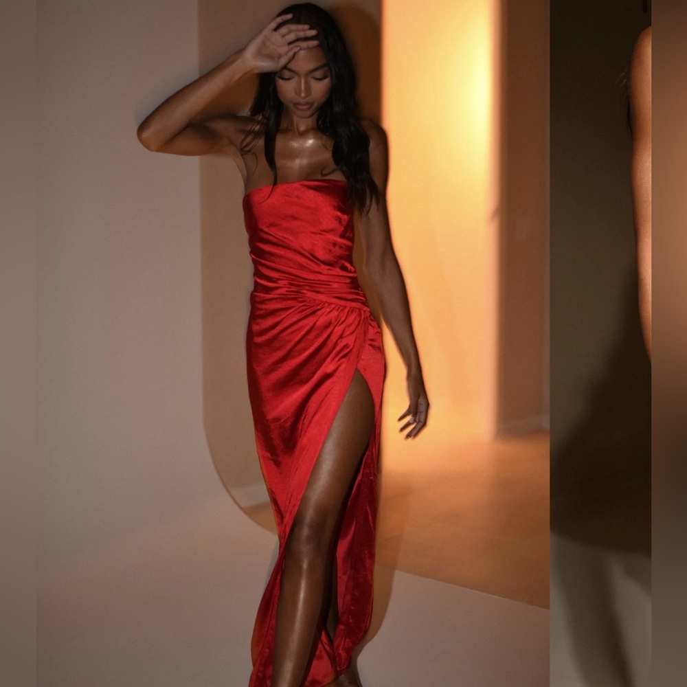Draped Strapless Maxi Dress - Red